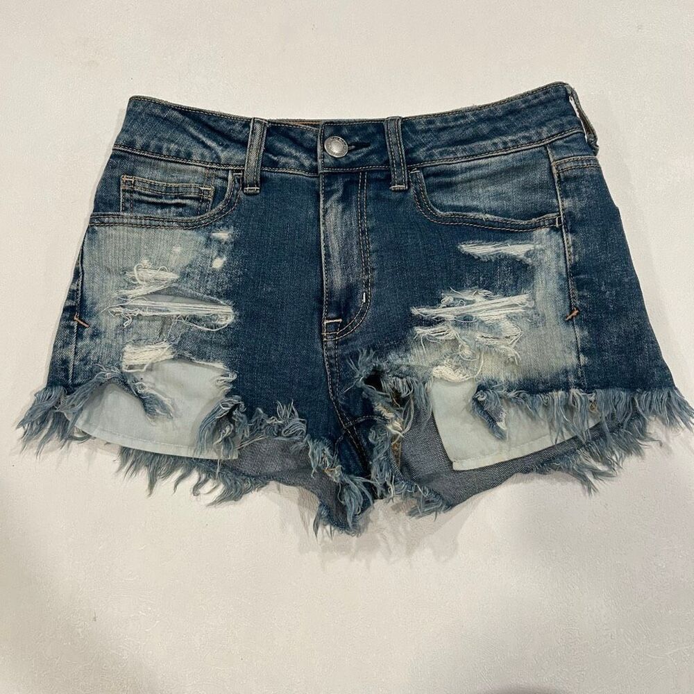 American Eagle Hi Rise Shortie Denim Shorts Size 4 Distressed Raw Hem Stretch